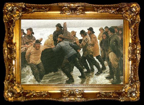 framed  Michael Ancher fiskere ifard med at satte en rorsbad i vandet, ta009-2